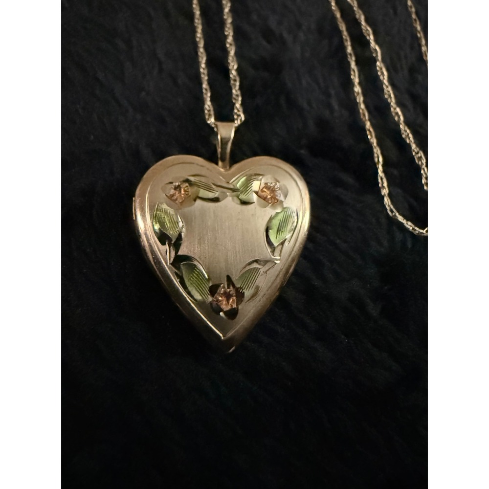 Vintage 14K Gold Filled Heart Locket Necklace Floral Engraved Rope Chain